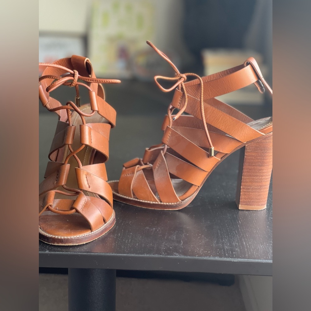 RALPH LAUREN | COGNAC LACE UP CHUNKY HEELED SANDALS